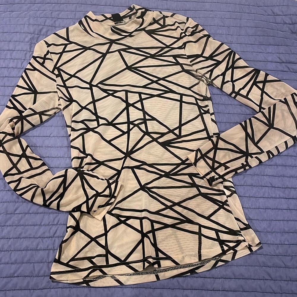 Shein Sheer Mesh Mock Neck Geo Print Tan With Black Lined Design!